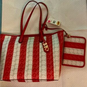 Michael Kors Eliza Red and White Striped Tote with Sparkly Finish